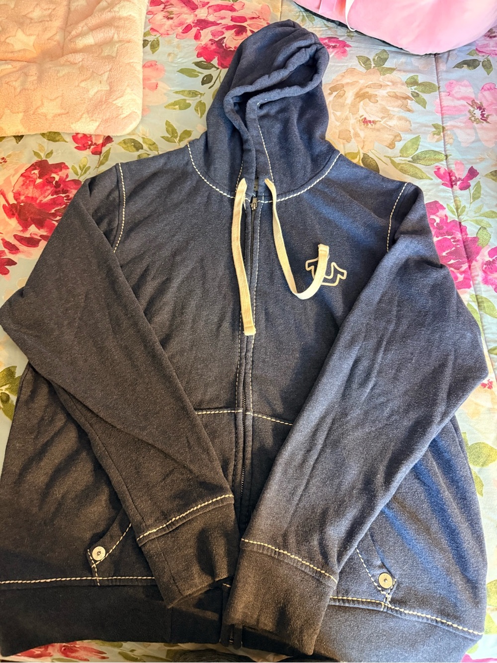 True Religion Men's Zip-Up Hoodie in Dark Navy with Cream Accents